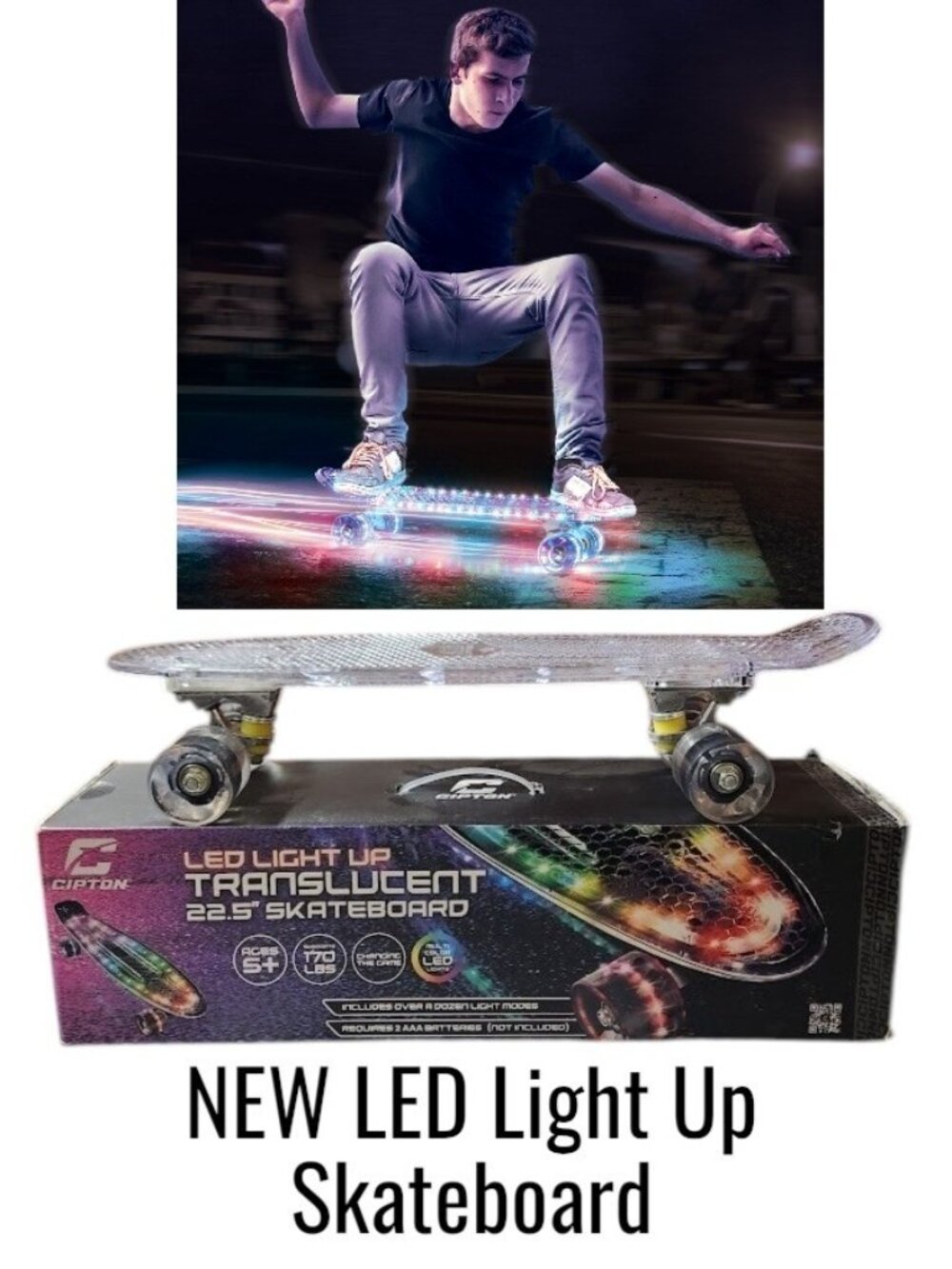 New Cipton LED Light Up Translucent 22.5″ Skateboard Sporting Toy Outdoor Fun
